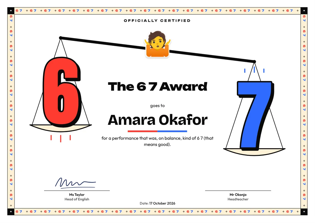 A 6 7 Award certificate